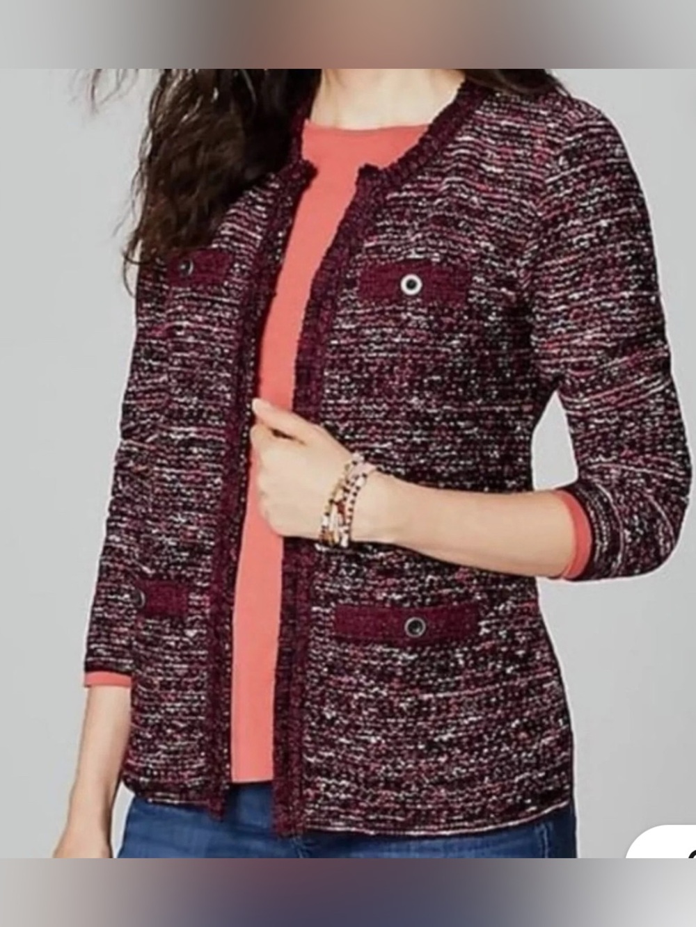 J Jill Burgundy Tweed Cardigan Jacket-size XL